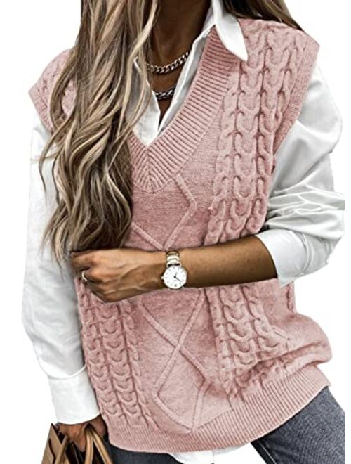 HOTAPEI Sweater Vest Women Oversized V Neck Sleeveless Sweaters Womens Cable Knit Tops