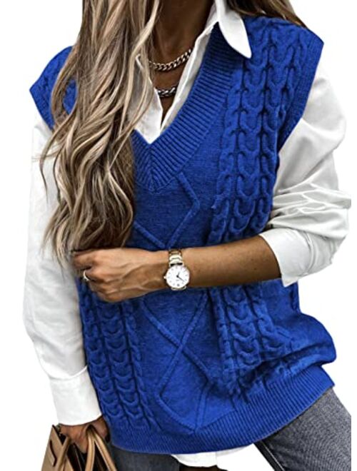 HOTAPEI Sweater Vest Women Oversized V Neck Sleeveless Sweaters Womens Cable Knit Tops