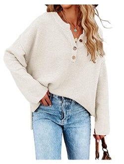 Saodimallsu Women's Oversized Sweaters Batwing Long Sleeve Loose V Neck Button Henley Tops Pullover Knit Jumper