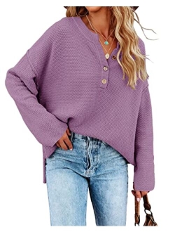 Saodimallsu Women's Oversized Sweaters Batwing Long Sleeve Loose V Neck Button Henley Tops Pullover Knit Jumper