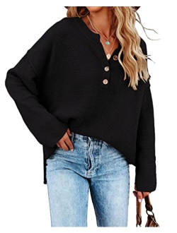 Saodimallsu Women's Oversized Sweaters Batwing Long Sleeve Loose V Neck Button Henley Tops Pullover Knit Jumper