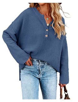 Saodimallsu Women's Oversized Sweaters Batwing Long Sleeve Loose V Neck Button Henley Tops Pullover Knit Jumper