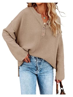 Saodimallsu Women's Oversized Sweaters Batwing Long Sleeve Loose V Neck Button Henley Tops Pullover Knit Jumper