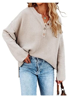 Saodimallsu Women's Oversized Sweaters Batwing Long Sleeve Loose V Neck Button Henley Tops Pullover Knit Jumper