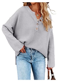 Saodimallsu Women's Oversized Sweaters Batwing Long Sleeve Loose V Neck Button Henley Tops Pullover Knit Jumper