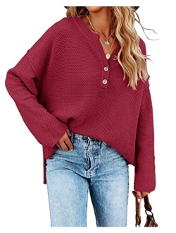 Saodimallsu Women's Oversized Sweaters Batwing Long Sleeve Loose V Neck Button Henley Tops Pullover Knit Jumper