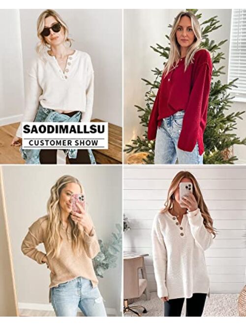 Saodimallsu Women's Oversized Sweaters Batwing Long Sleeve Loose V Neck Button Henley Tops Pullover Knit Jumper