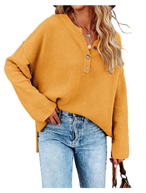 Saodimallsu Women's Oversized Sweaters Batwing Long Sleeve Loose V Neck Button Henley Tops Pullover Knit Jumper