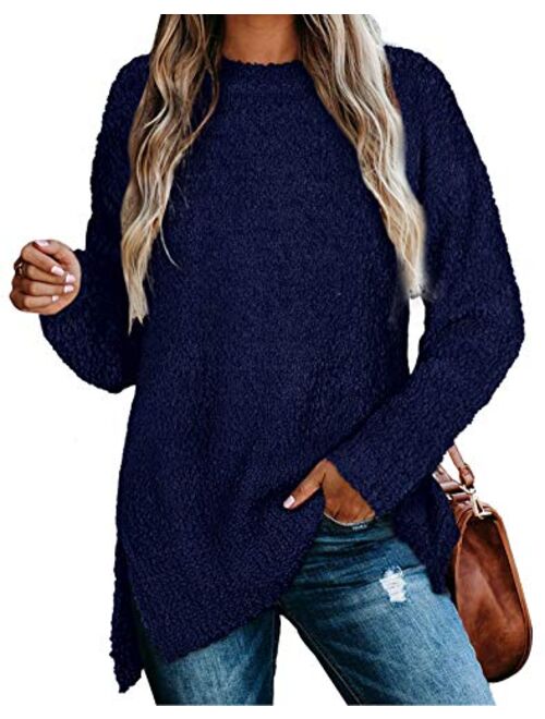 NIASHOT Womens Sweaters Crewneck Long Sleeve Side Slit Tunic Tops for Leggings