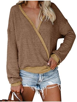 LookbookStore Women's Knit Long Sleeve Faux Wrap Surplice V Neck Sweater Top