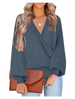 LookbookStore Women's Knit Long Sleeve Faux Wrap Surplice V Neck Sweater Top