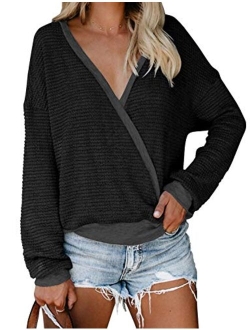 LookbookStore Women's Knit Long Sleeve Faux Wrap Surplice V Neck Sweater Top