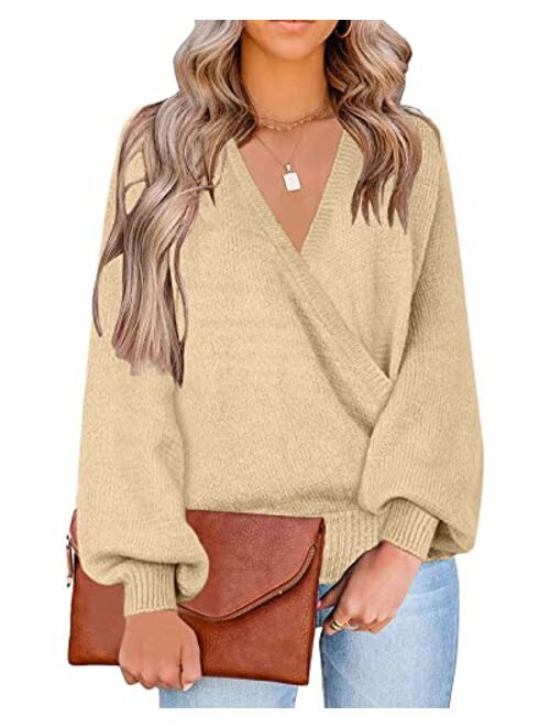 LookbookStore Women's Knit Long Sleeve Faux Wrap Surplice V Neck Sweater Top