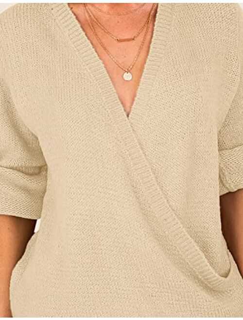 LookbookStore Women's Knit Long Sleeve Faux Wrap Surplice V Neck Sweater Top