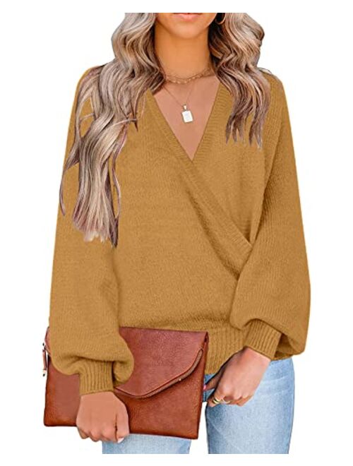 LookbookStore Women's Knit Long Sleeve Faux Wrap Surplice V Neck Sweater Top