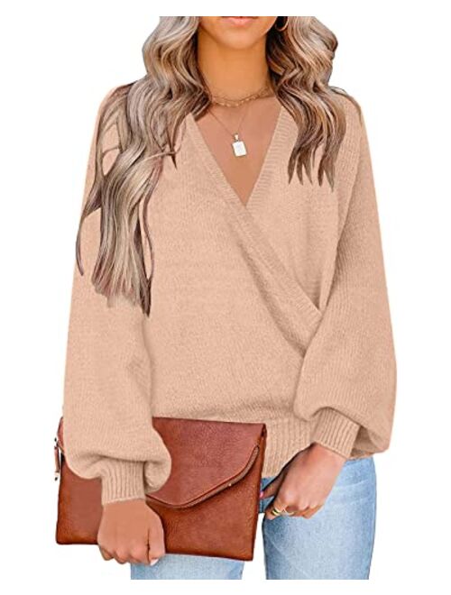 LookbookStore Women's Knit Long Sleeve Faux Wrap Surplice V Neck Sweater Top