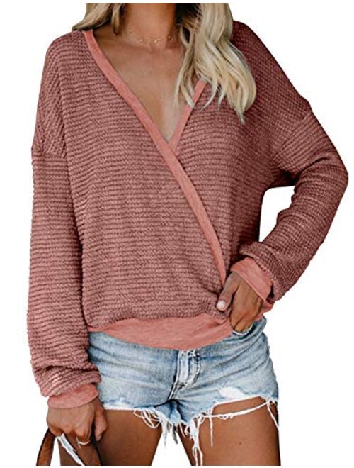 LookbookStore Women's Knit Long Sleeve Faux Wrap Surplice V Neck Sweater Top