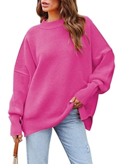 HAPCOPE Women's Oversized Sweater Crewneck Batwing Sleeve Side Slit Ribbed Knit Pullover Sweaters Tunic Tops