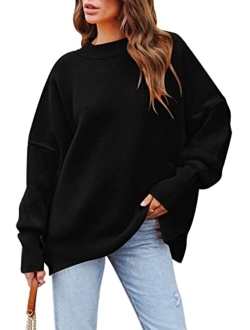 HAPCOPE Women's Oversized Sweater Crewneck Batwing Sleeve Side Slit Ribbed Knit Pullover Sweaters Tunic Tops