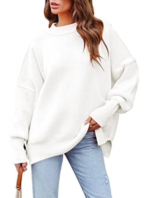 HAPCOPE Women's Oversized Sweater Crewneck Batwing Sleeve Side Slit Ribbed Knit Pullover Sweaters Tunic Tops