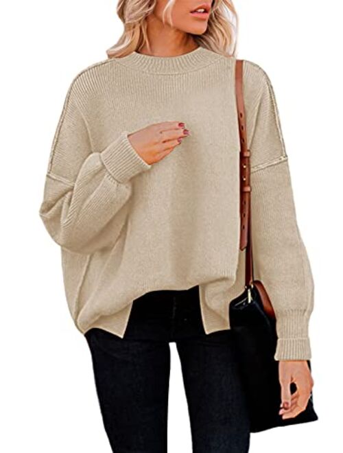 HAPCOPE Women's Oversized Sweater Crewneck Batwing Sleeve Side Slit Ribbed Knit Pullover Sweaters Tunic Tops