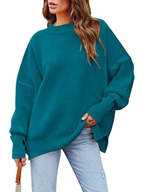 HAPCOPE Women's Oversized Sweater Crewneck Batwing Sleeve Side Slit Ribbed Knit Pullover Sweaters Tunic Tops