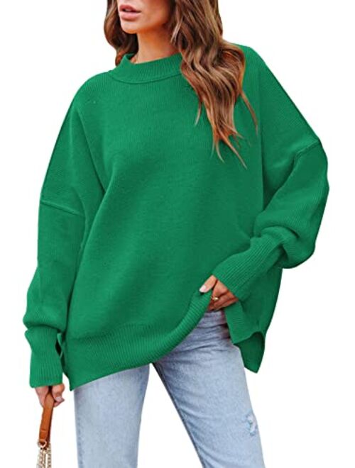 HAPCOPE Women's Oversized Sweater Crewneck Batwing Sleeve Side Slit Ribbed Knit Pullover Sweaters Tunic Tops