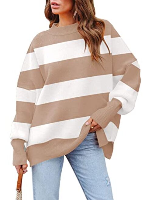 HAPCOPE Women's Oversized Sweater Crewneck Batwing Sleeve Side Slit Ribbed Knit Pullover Sweaters Tunic Tops