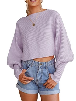 dowerme 2022 Women's Casual Crewneck Knitted Sweater Long Batwing Sleeve Solid Soft Loose Ribbed Pullover Jumper Tops