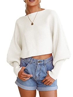 dowerme 2022 Women's Casual Crewneck Knitted Sweater Long Batwing Sleeve Solid Soft Loose Ribbed Pullover Jumper Tops