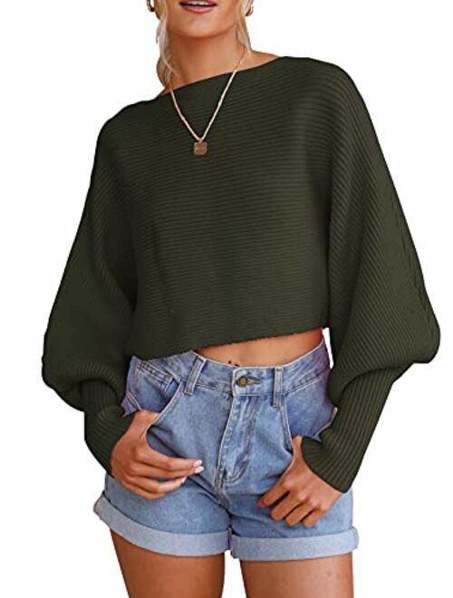 dowerme 2022 Women's Casual Crewneck Knitted Sweater Long Batwing Sleeve Solid Soft Loose Ribbed Pullover Jumper Tops