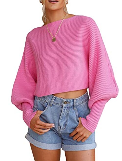 dowerme 2022 Women's Casual Crewneck Knitted Sweater Long Batwing Sleeve Solid Soft Loose Ribbed Pullover Jumper Tops