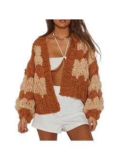 Kmbangi Women Button Down Sweater V Neck Cable Knit Crop Cardigan Cute Oversized Jumper Pullover Top Aesthetic Clothes