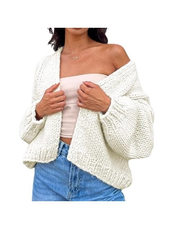 Kmbangi Women Button Down Sweater V Neck Cable Knit Crop Cardigan Cute Oversized Jumper Pullover Top Aesthetic Clothes