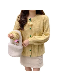 Kmbangi Women Button Down Sweater V Neck Cable Knit Crop Cardigan Cute Oversized Jumper Pullover Top Aesthetic Clothes