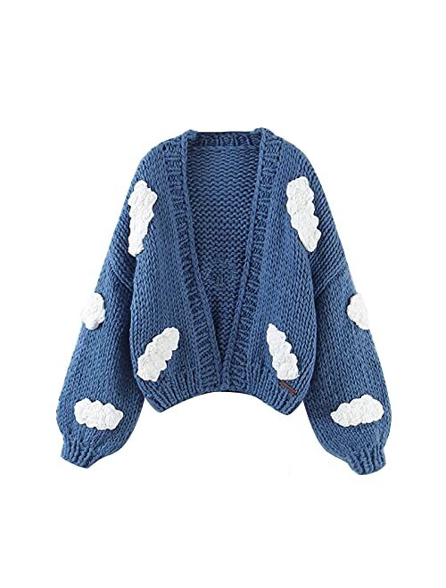 Kmbangi Women Button Down Sweater V Neck Cable Knit Crop Cardigan Cute Oversized Jumper Pullover Top Aesthetic Clothes