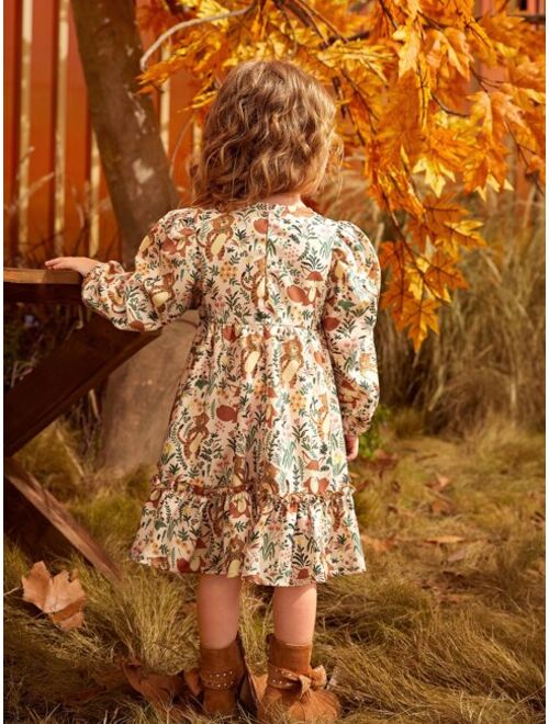 SHEIN Toddler Girls Floral Print Flounce Sleeve Ruffle Hem Dress