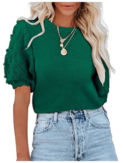 BTFBM Women's Crew Neck Pullover Sweaters Cute Dot Puff Short Sleeve Soft Casual Fall Winter Loose Knit Sweater Blouse