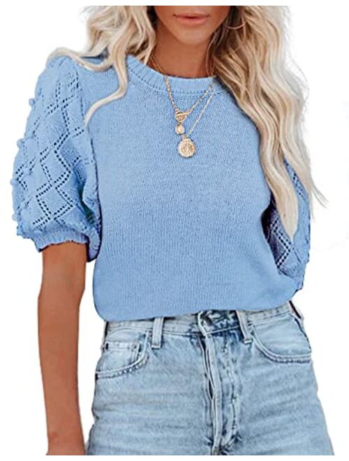 BTFBM Women's Crew Neck Pullover Sweaters Cute Dot Puff Short Sleeve Soft Casual Fall Winter Loose Knit Sweater Blouse