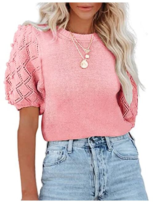 BTFBM Women's Crew Neck Pullover Sweaters Cute Dot Puff Short Sleeve Soft Casual Fall Winter Loose Knit Sweater Blouse