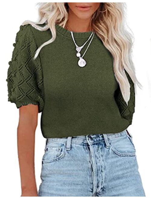 BTFBM Women's Crew Neck Pullover Sweaters Cute Dot Puff Short Sleeve Soft Casual Fall Winter Loose Knit Sweater Blouse