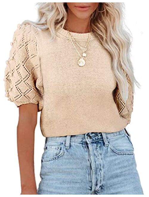 BTFBM Women's Crew Neck Pullover Sweaters Cute Dot Puff Short Sleeve Soft Casual Fall Winter Loose Knit Sweater Blouse