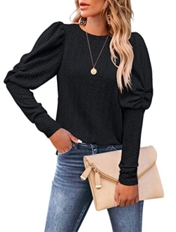 DOROSE Womens Puff Long Sleeve Crewneck Cable Knit Casual Loose Pullover Sweater Tops