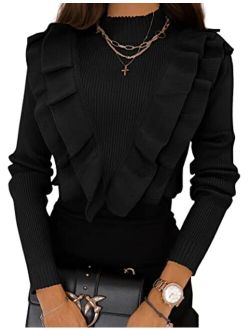 Coololi Women's Ruffled Fitted Pullover Sweater Tops Mock Neck Slim Fit Long Sleeve Knitted Ribbed Sweaters