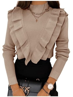 Coololi Women's Ruffled Fitted Pullover Sweater Tops Mock Neck Slim Fit Long Sleeve Knitted Ribbed Sweaters