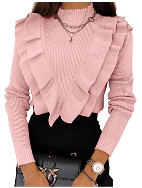 Coololi Women's Ruffled Fitted Pullover Sweater Tops Mock Neck Slim Fit Long Sleeve Knitted Ribbed Sweaters