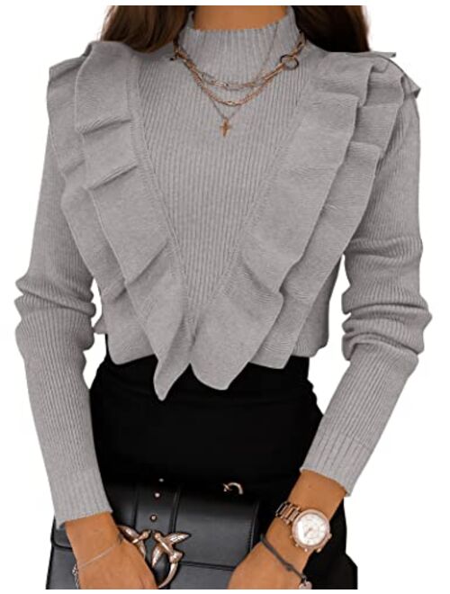 Coololi Women's Ruffled Fitted Pullover Sweater Tops Mock Neck Slim Fit Long Sleeve Knitted Ribbed Sweaters