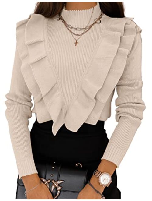 Coololi Women's Ruffled Fitted Pullover Sweater Tops Mock Neck Slim Fit Long Sleeve Knitted Ribbed Sweaters