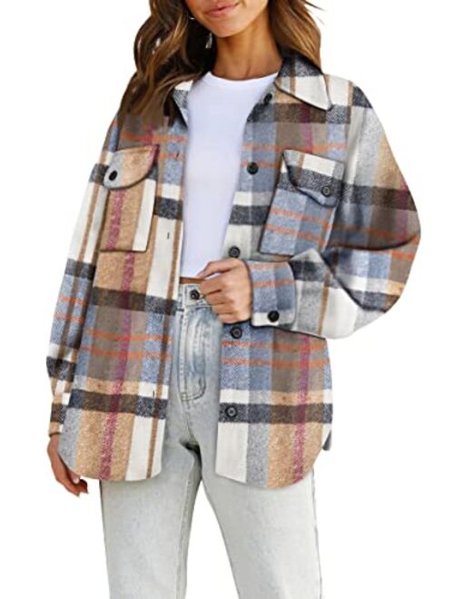 AUTOMET Womens Casual Plaid Shacket Wool Blend Button Down Long Sleeve Shirt Fall Jacket Shackets