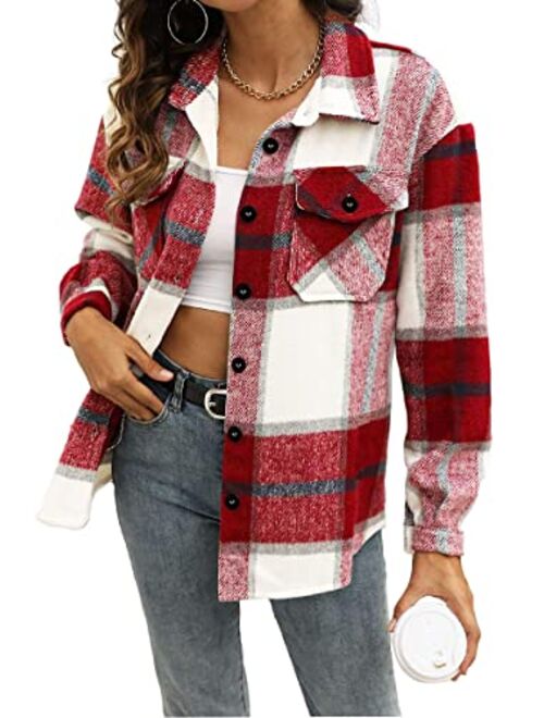 AUTOMET Womens Casual Plaid Shacket Wool Blend Button Down Long Sleeve Shirt Fall Jacket Shackets